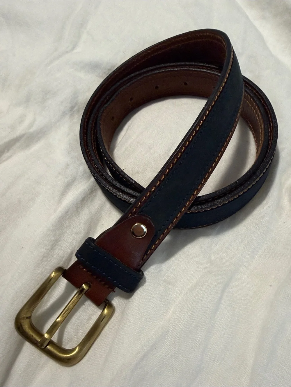 Italian Men's Navy and Brown Leather Belt with Brass Buckle